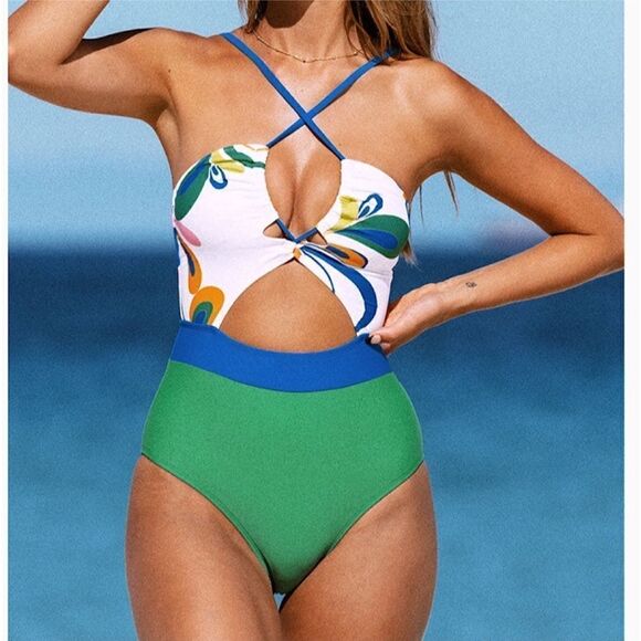 NEW Green Bright Print Cross Halter Cutout One Piece Swimsuit Size large - Picture 1 of 5